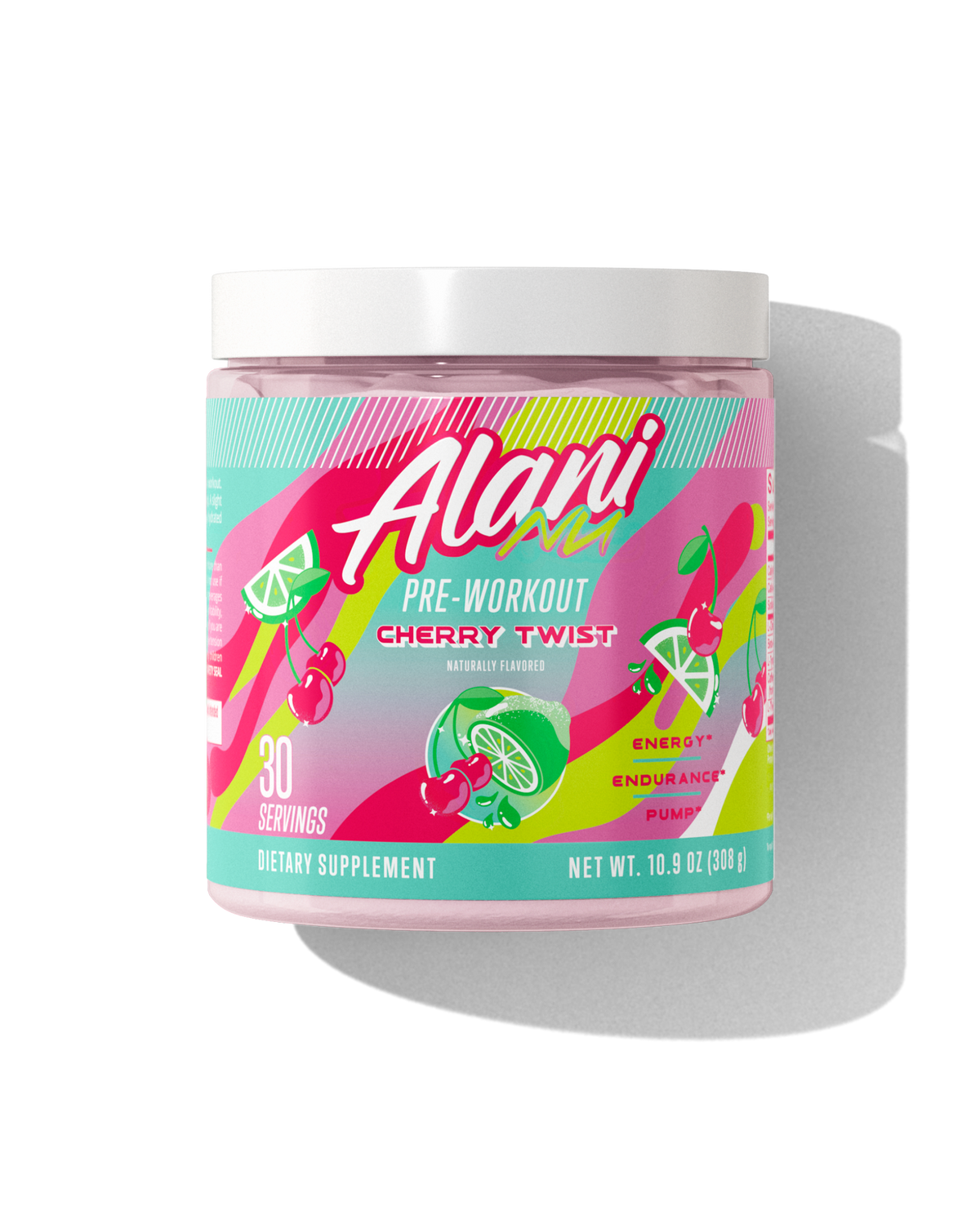 Alani Nu Cherry Twist pre-workout powder, front view